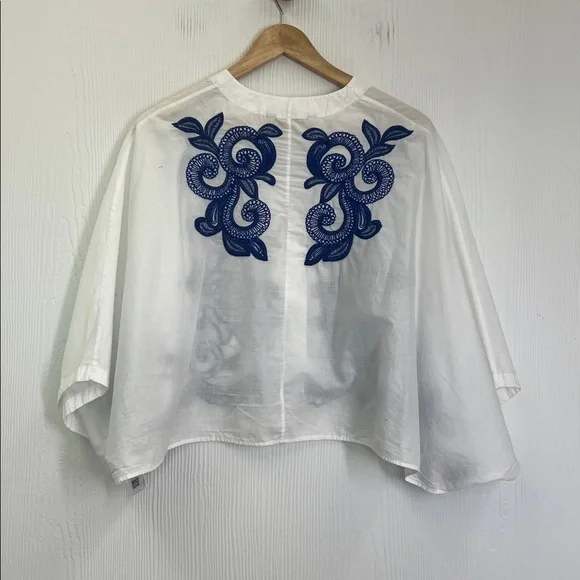 Zara - Blue Embroidered Floral White Button Down Batwing Blouse Size XS - Picture 11 of 12